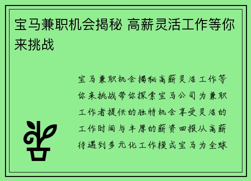 宝马兼职机会揭秘 高薪灵活工作等你来挑战